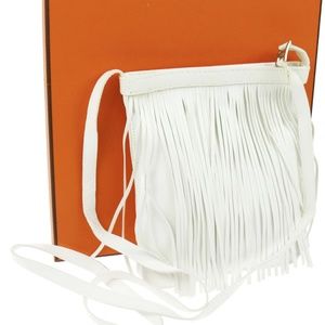 VINTAGE HERMES White Fringe Shoulder Bag Lambskin